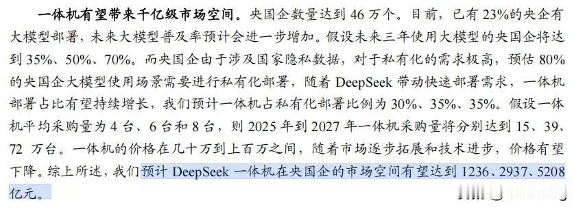 根据相关机构的预测，DeepSeek快速部署需求有望带动一体机需求增长，2025