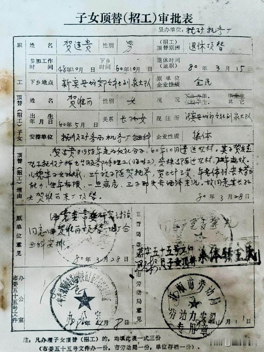 这是1980年的子女顶替招工审批表，现在的年轻人肯定想象不到以前父母退休了，儿女