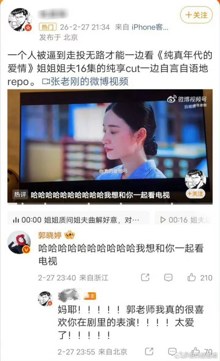 《纯真年代的爱情》这么热闹呢？剧博评论区陈飞宇粉丝在维权，称女二郭晓婷跟一个看纯