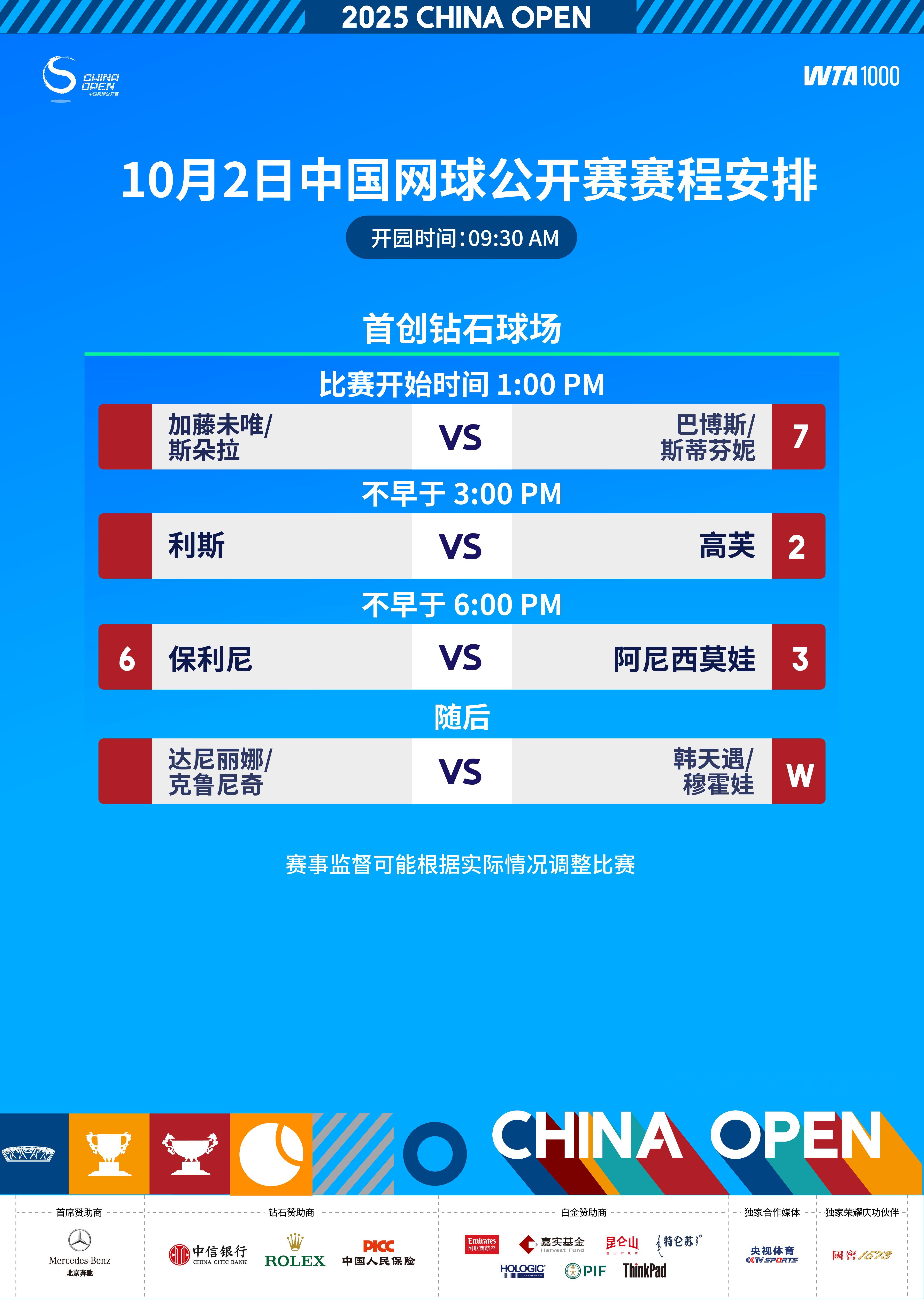 2025中网网球talking大会 今日赛程安排，只有钻石有比赛了，这也意味着，