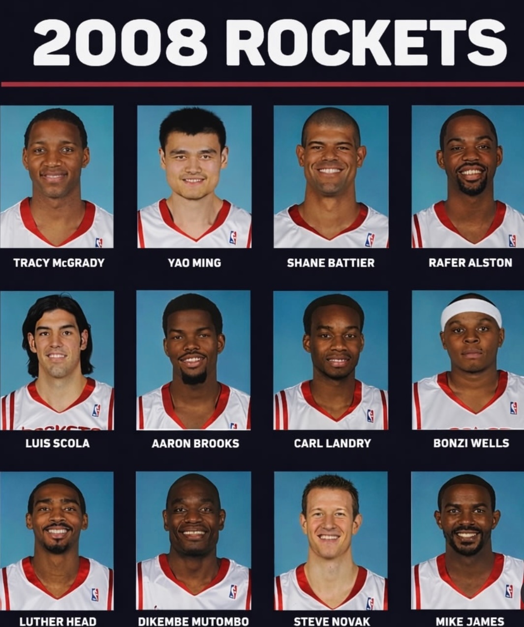 篮天下 2007-08赛季的休斯顿火箭队阵容，如果全员健康……Image via