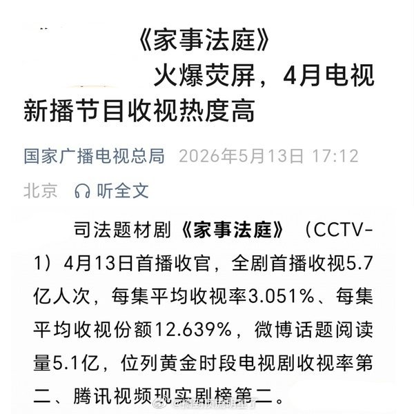 广电总局认证龚俊《家事法庭》火爆荧屏，4月电视新播节目收视热度高，首播收视5.7