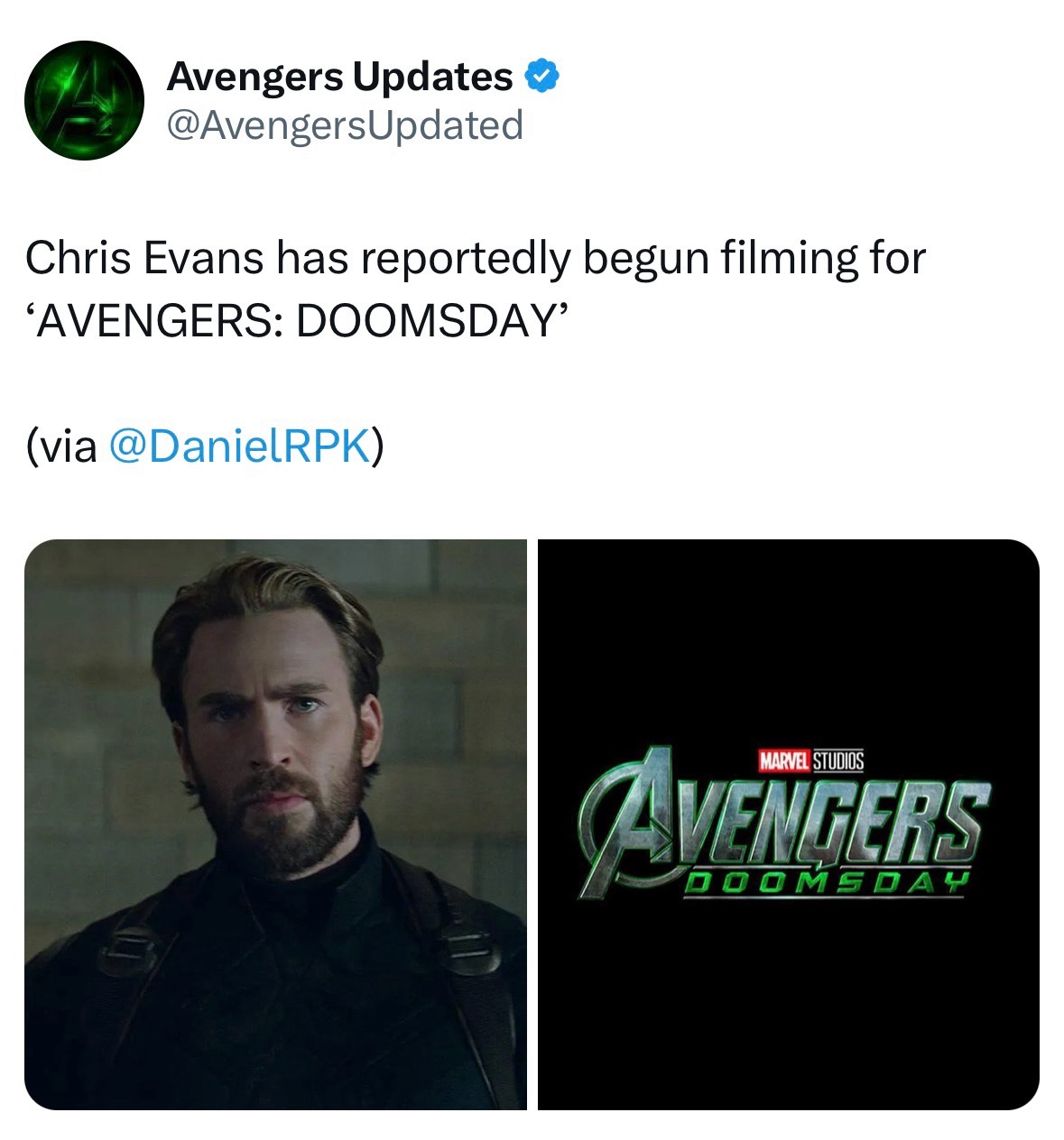 据DanielRPK爆料，美队Chris Evans已入组开始拍摄《复仇者联盟5
