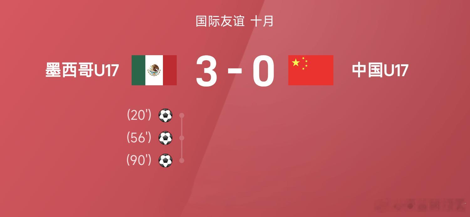 国际友谊赛：中国U17 0-3不敌墨西哥U17十月国际青少年友谊赛，中国U17男