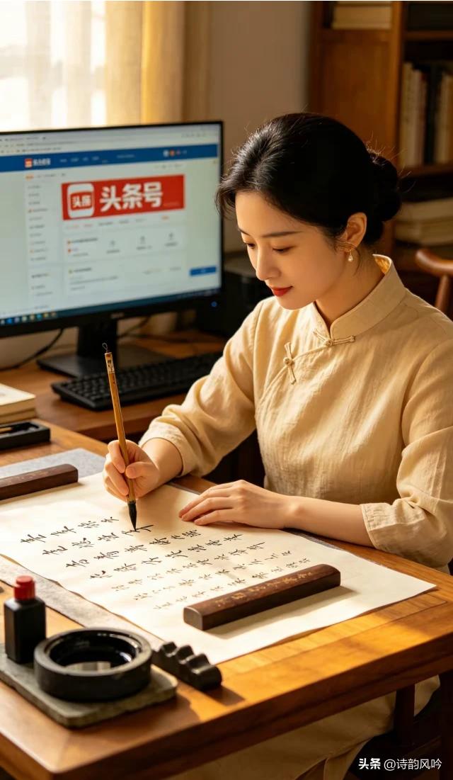 梳妆完毕坐屏前，
信手拈来几句言。
纵使格律难考究，
平仄对偶尽开颜。