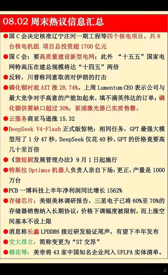 8.02周日  晚间：财经热点信息参考！1.核电核能2.磷化铟衬底3.云服务4.