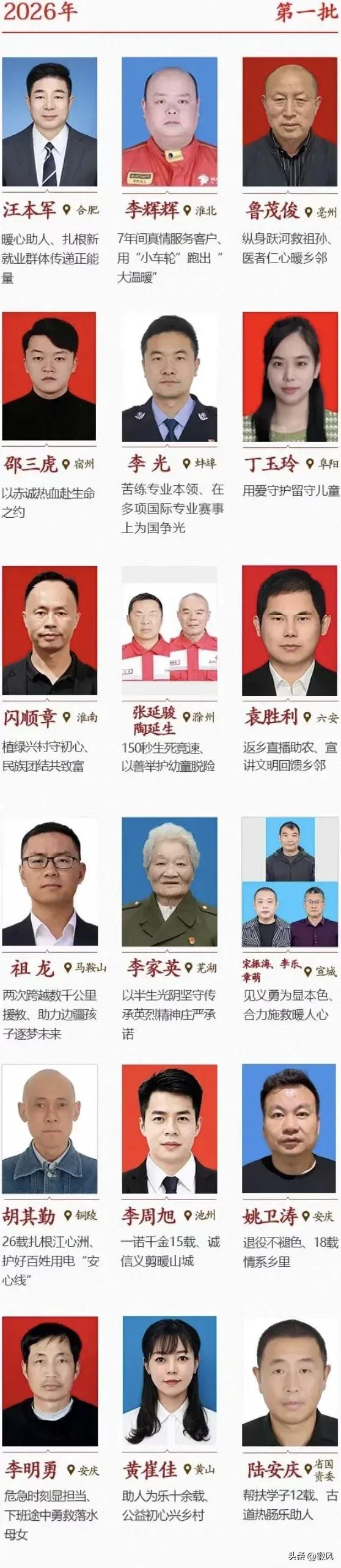 2026年第一批安徽好人榜单揭晓
经公众推荐、专家评议和社会公示，助人为乐的滴滴