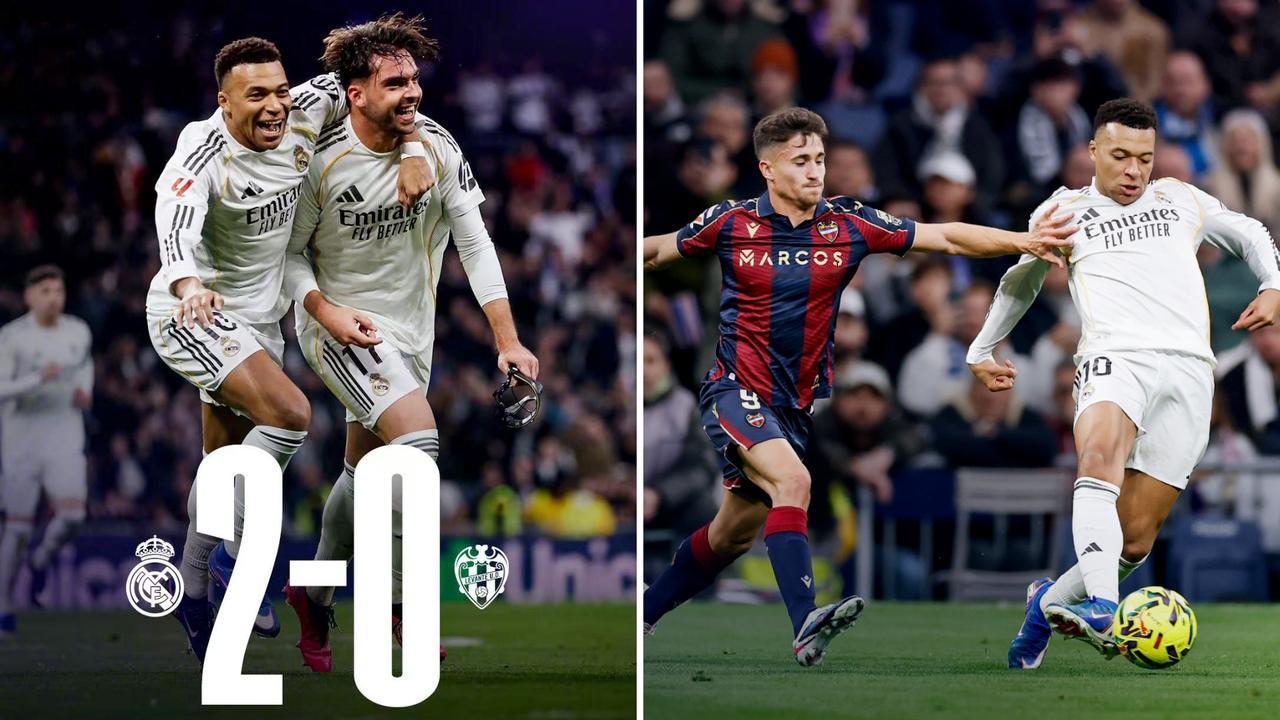 西甲：皇家马德里主场2-0击败莱万特，先赛距榜首1分。
姆巴佩造点+点射，阿森西