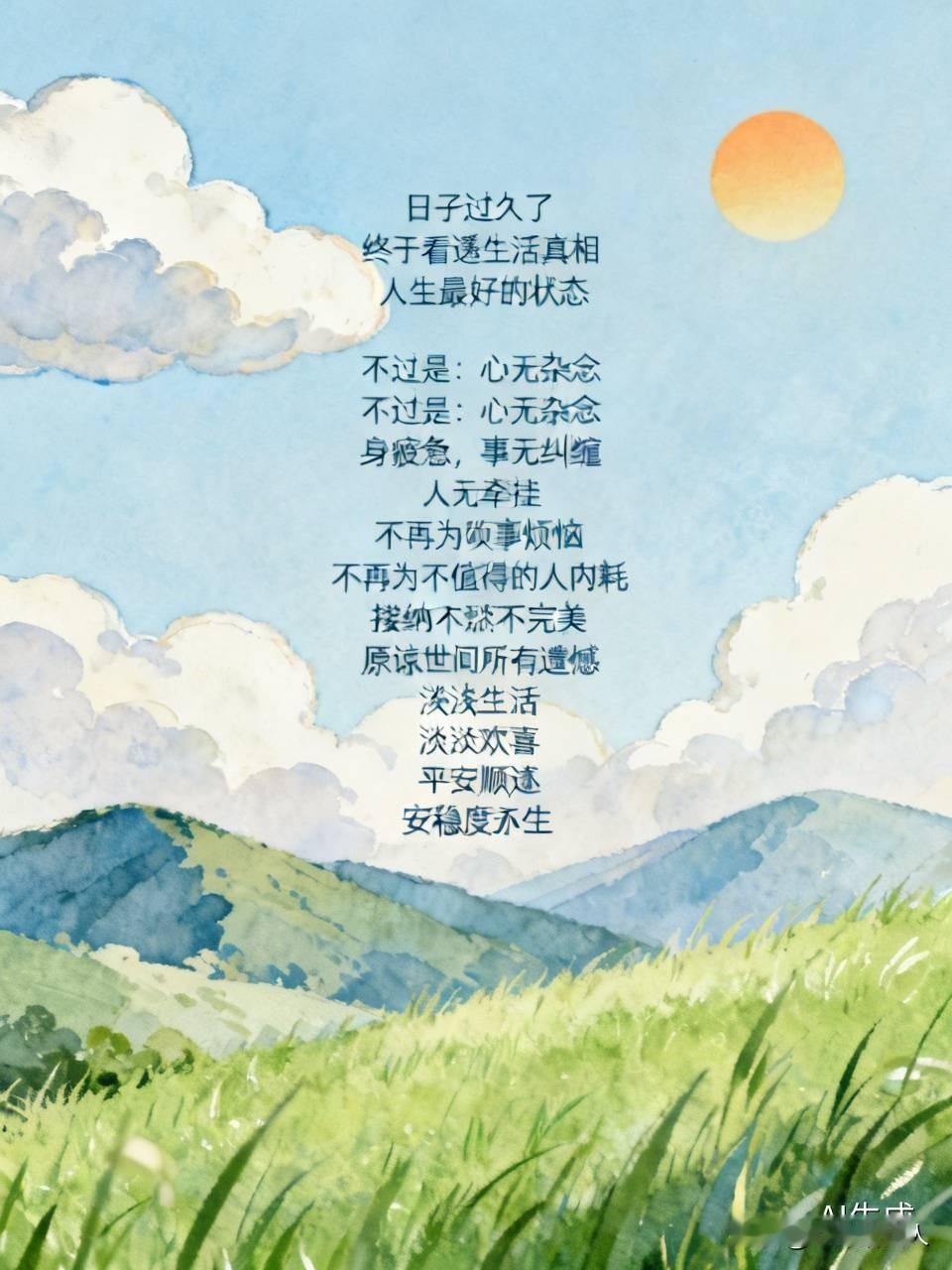 日子过久了
 
终于看透生活真相
 
人生最好的状态
 
不过是：
 
心无杂念
