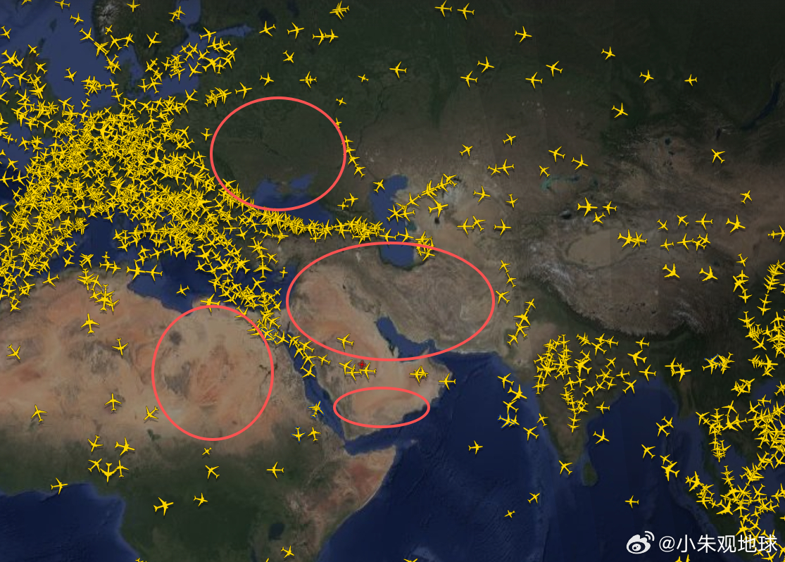 俄乌空域、中东伊拉克、伊朗、以色列等空域关闭，中欧之间的空域航线有点拥挤啊美伊以