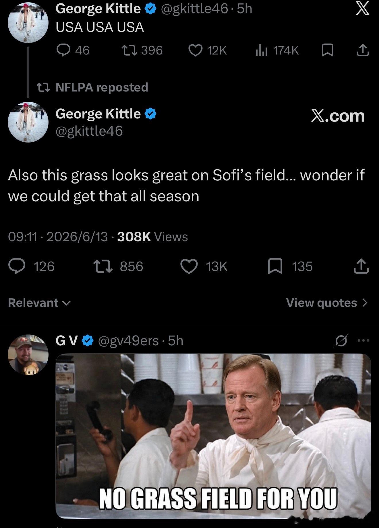 49人明星近端锋George Kittle今天看世界杯时，感叹Sofi这真草看着