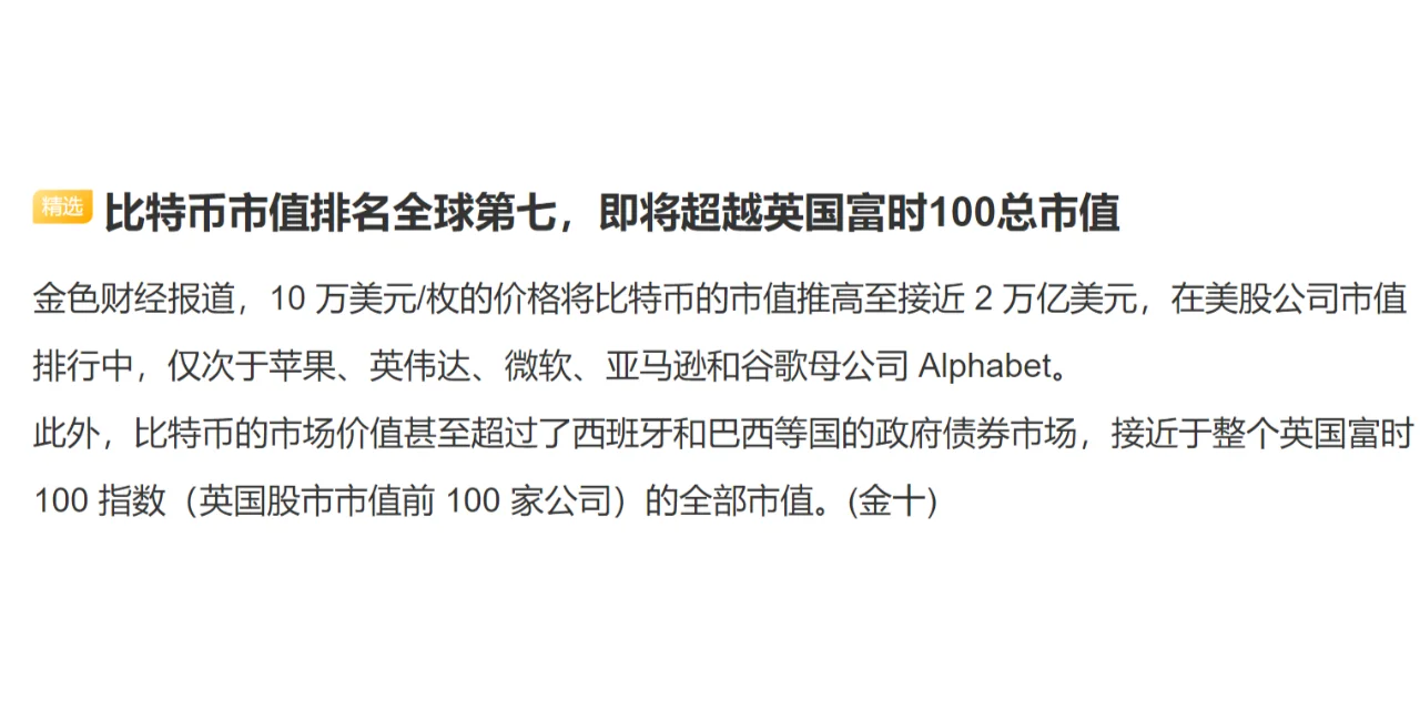 比特币市值排名全球第七，即将超越英国富时100总市值