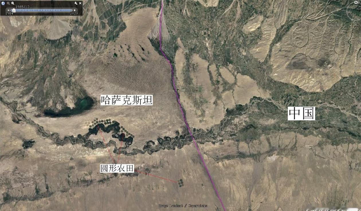 40面前的伊犁河谷边境地区，中国跟哈萨克斯坦地区差不多的，而且他们有圆形农田的水