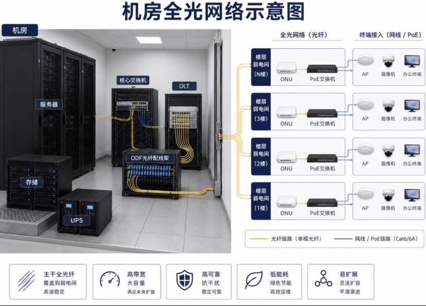 分享一套当下主流的机房全光PON组网架构，现在办公楼、园区、智慧楼宇基本都在用这