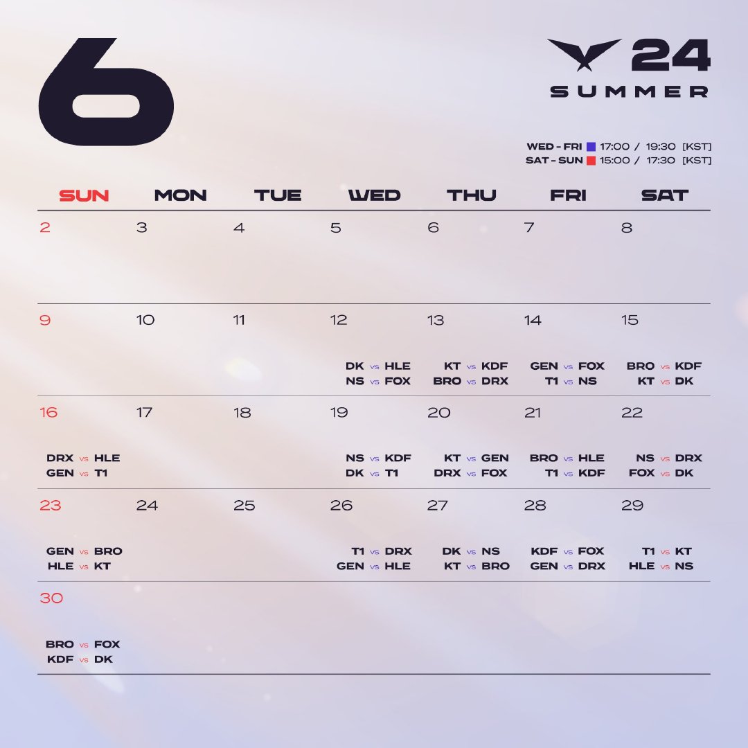 #2024lck夏季赛赛程# 6月12日LCK夏季赛开赛！常规赛开赛时间：6月1