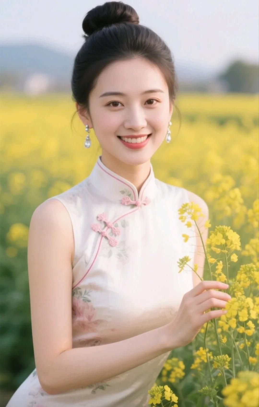 春日花海中的优雅少女，微笑如花般绽放。