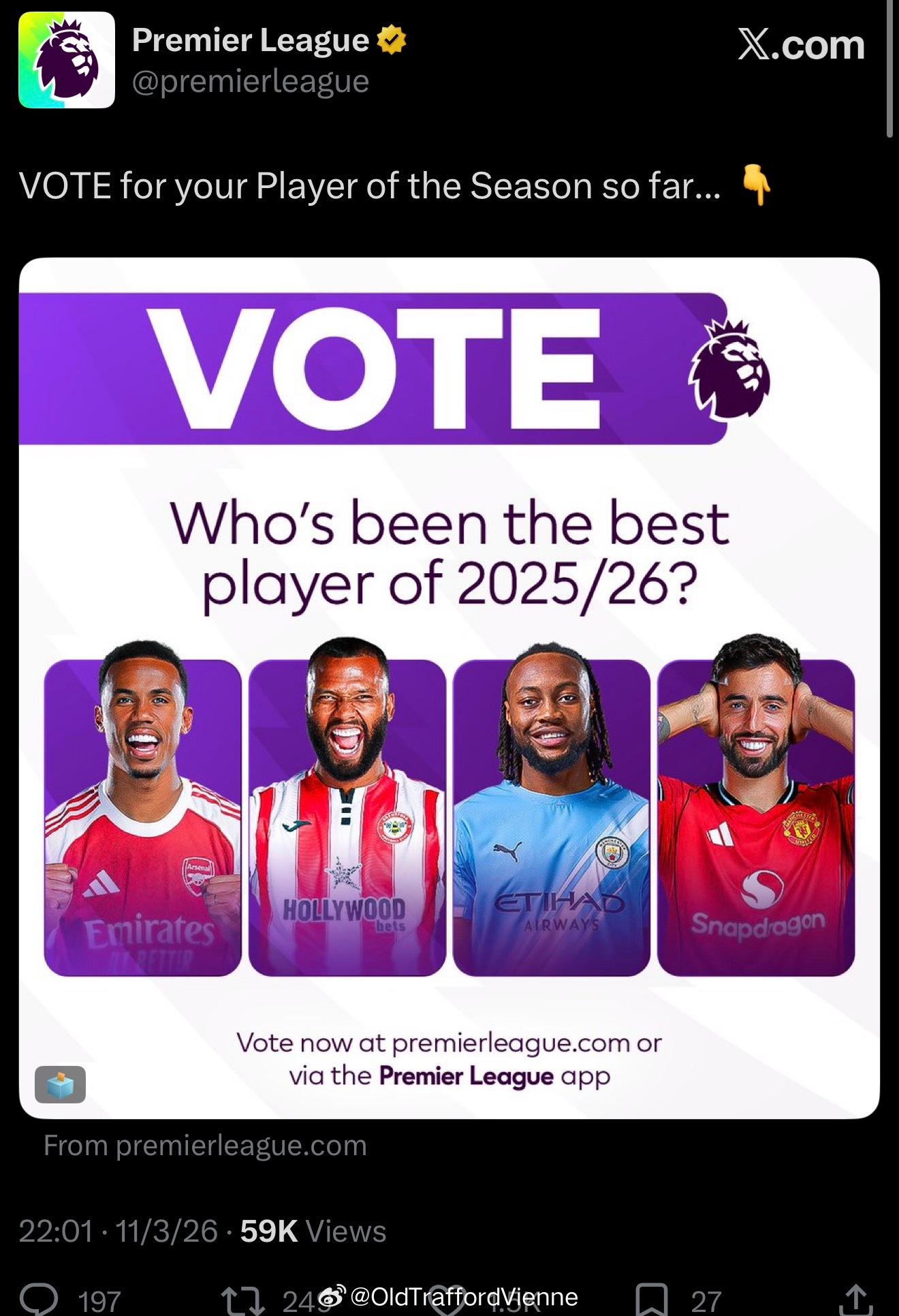 英超官推开始为赛季最佳球员投票造势了 