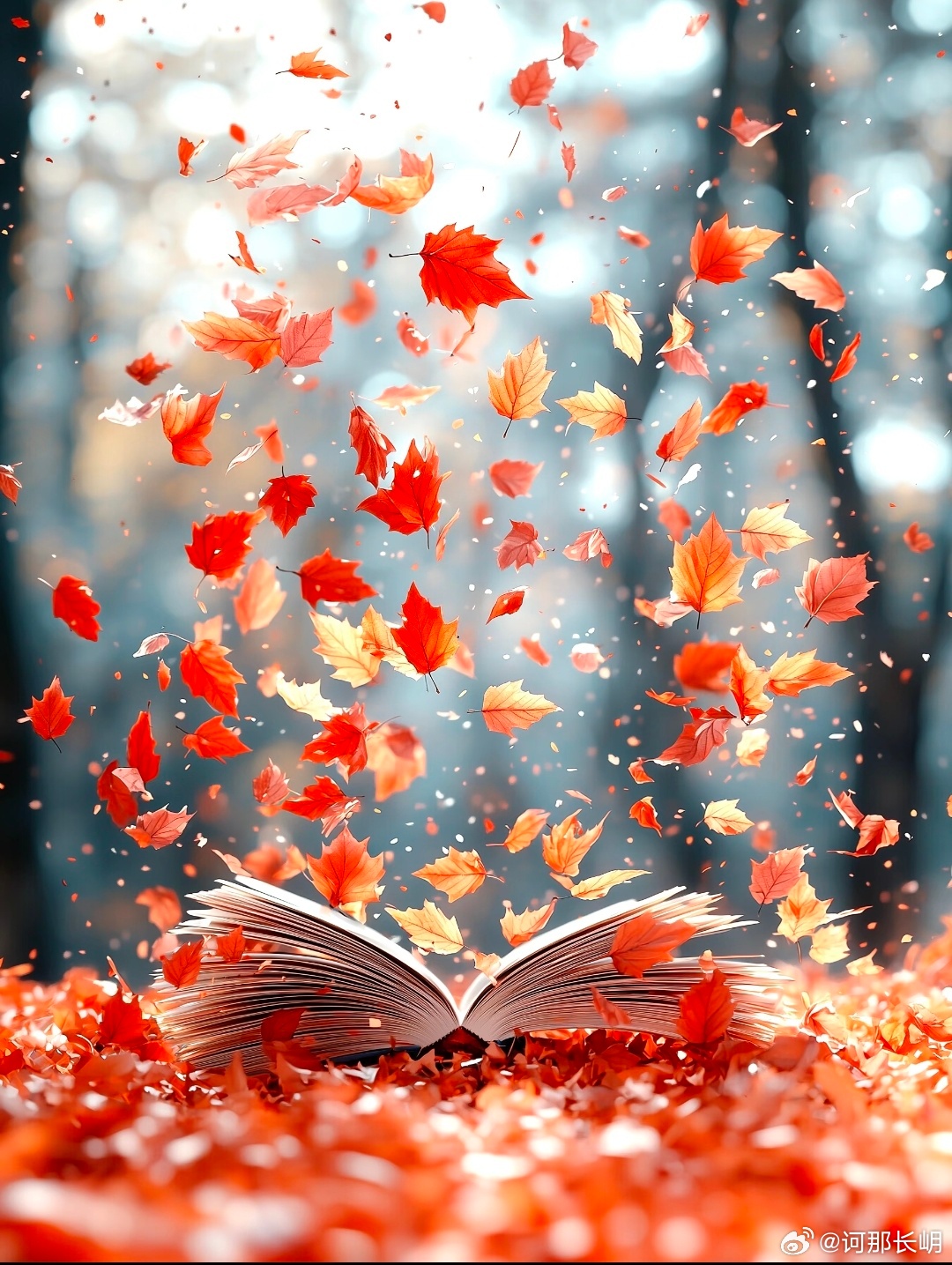 白日的树林，风翻开了书页，落叶轻轻飘下，像一封封写满秋日秘密的信笺，阳光透过枝叶