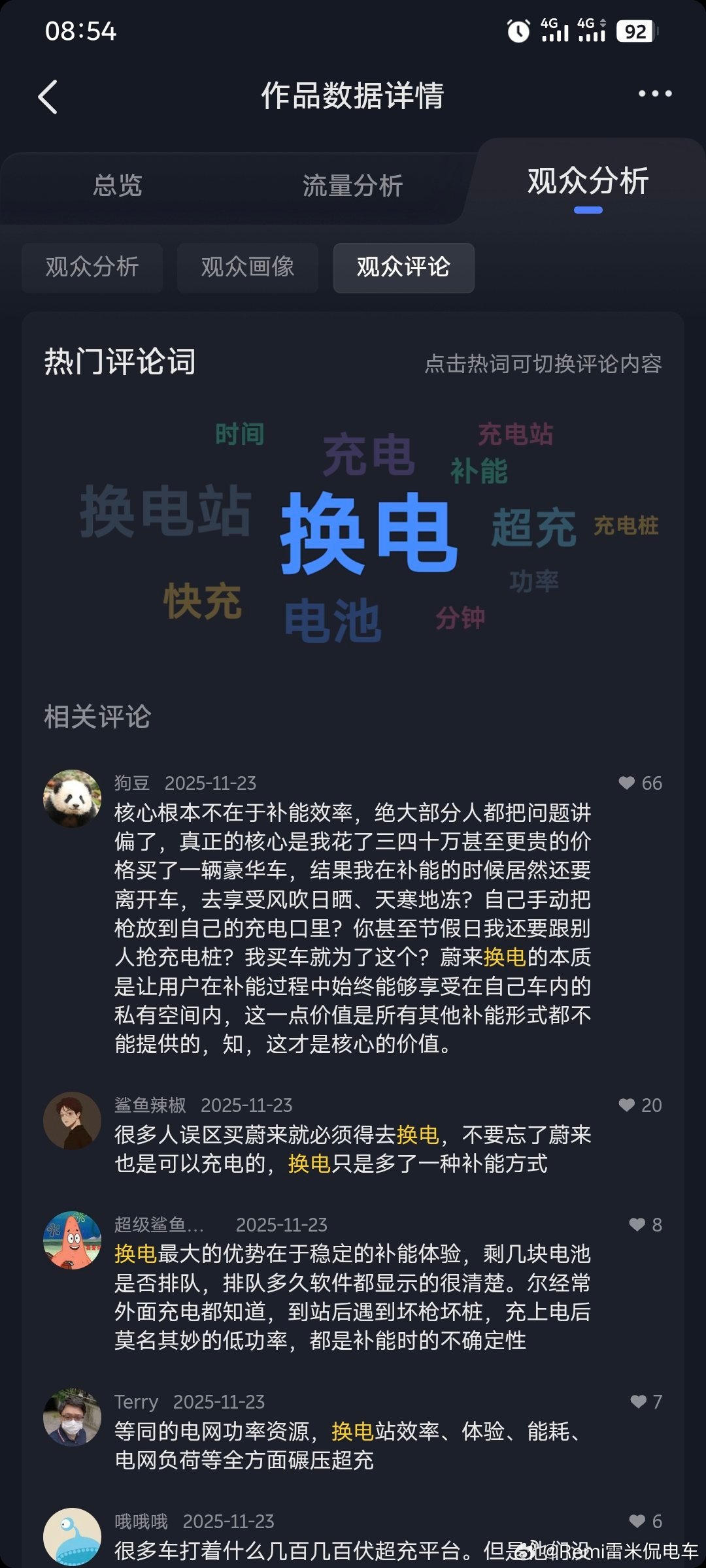 昨天发布的一个关于换电和超充的模拟仿真视频，抖音上播放量不错，更让我惊喜的是：评