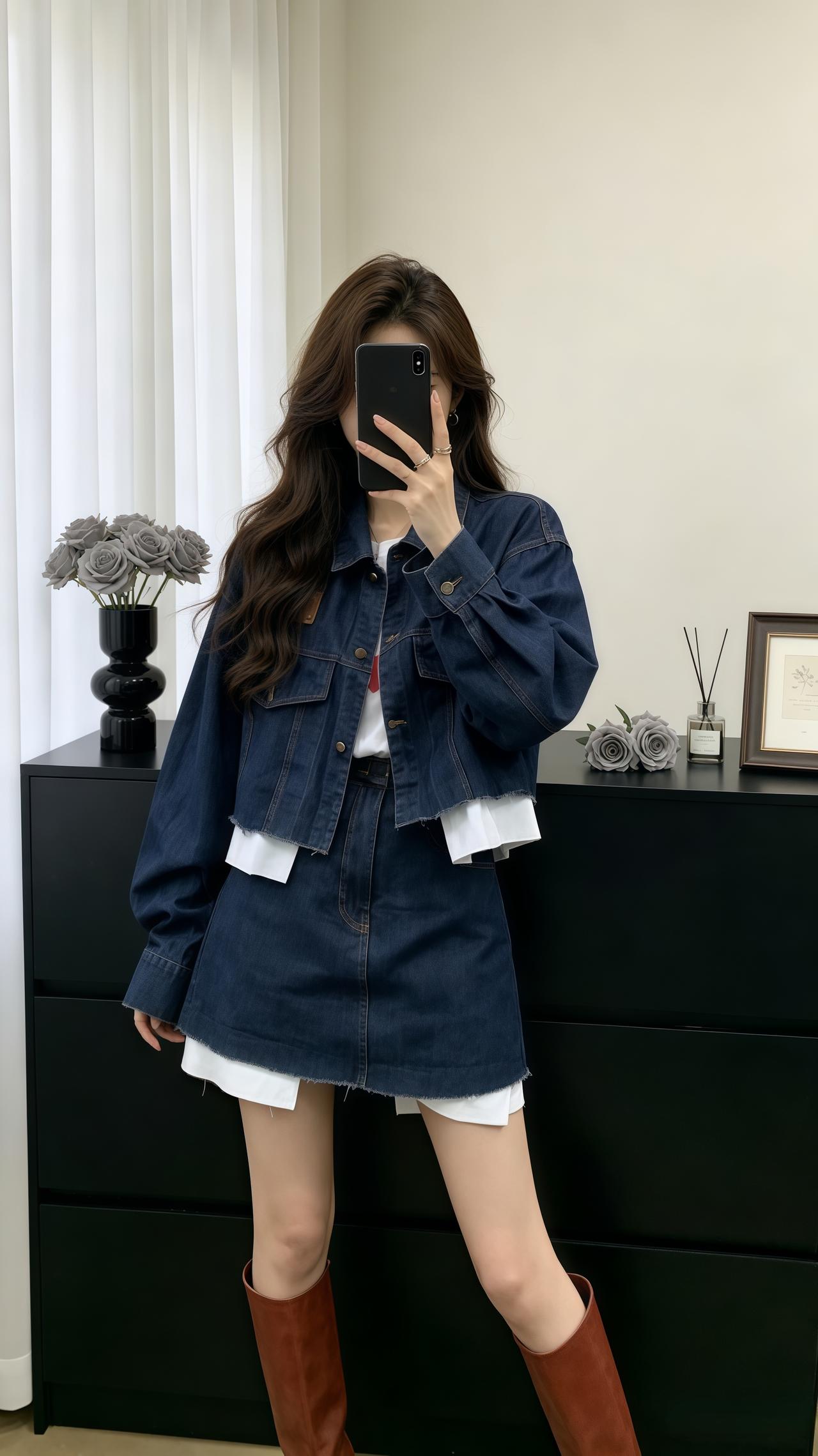 牛仔外套搭配短裙 韩系欧尼套装 今天穿什么穿搭韩系穿搭