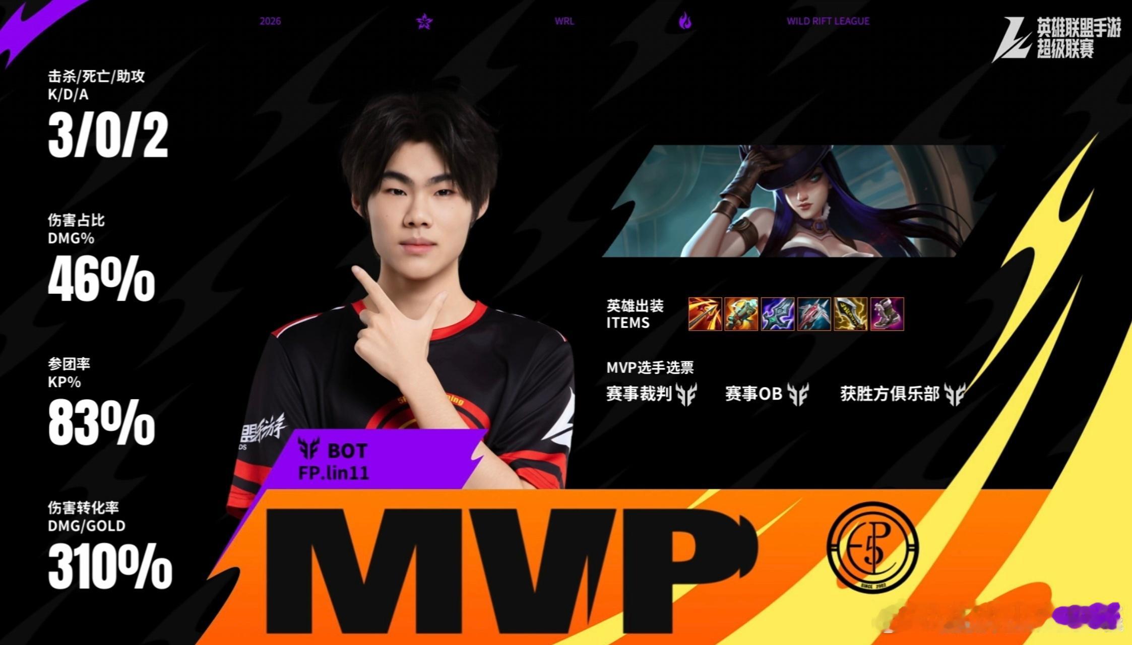 2026WRL秋季赛WBG 1-2 FP｜MVP：lin11女警。WBG前期斩获