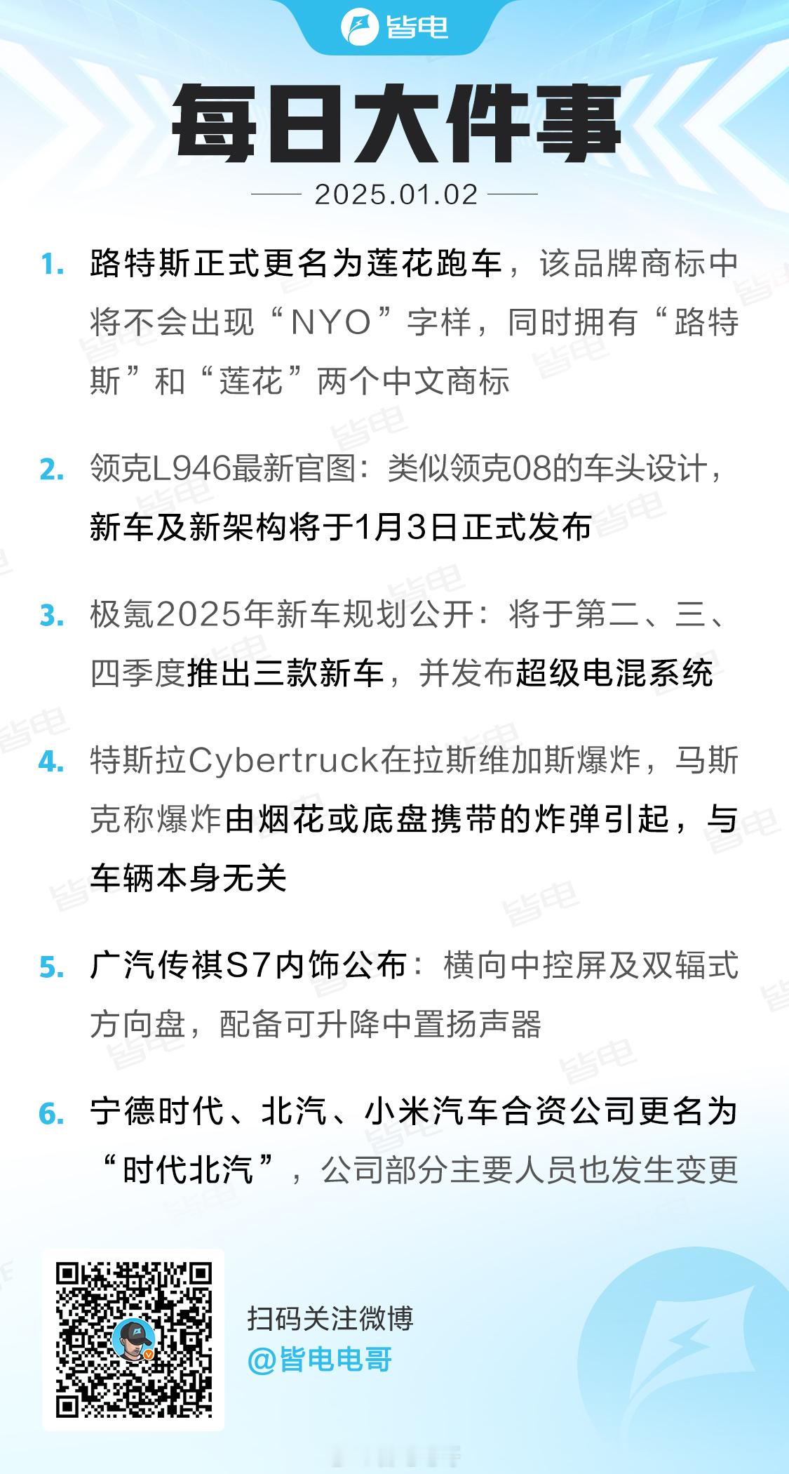 皆电 每日大件事  1、路特斯正式更名为莲花跑车，该品牌商标中将不会出现“NYO