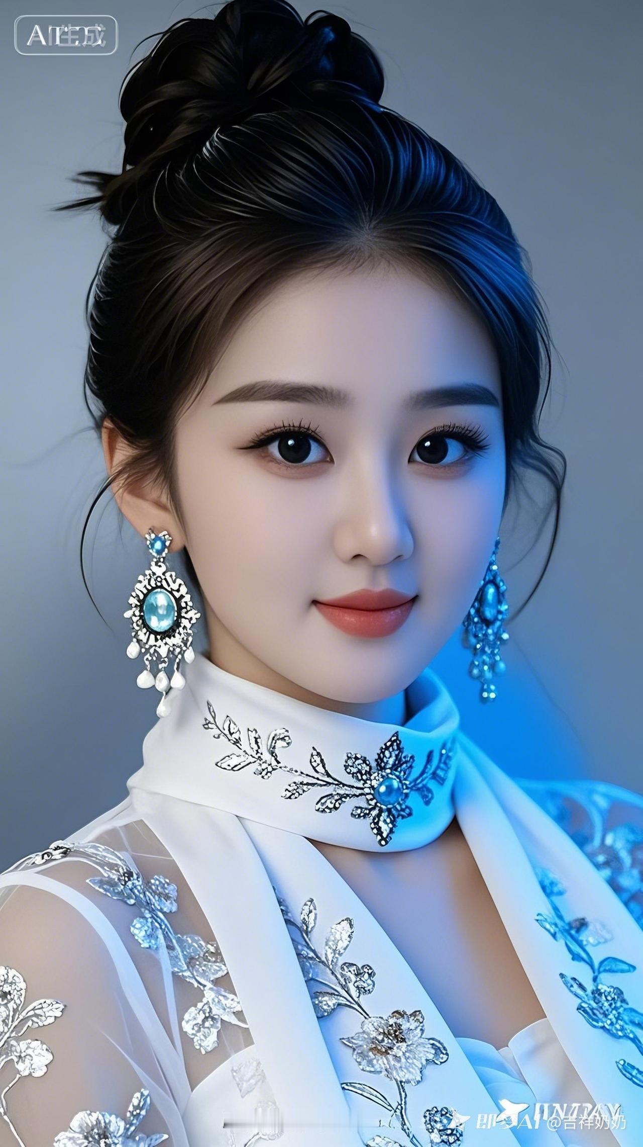 年轻漂亮的美女，着时尚棉麻雪纺衫，配耳环、项链与精致手链，精致妆容搭蓬松盘发，温