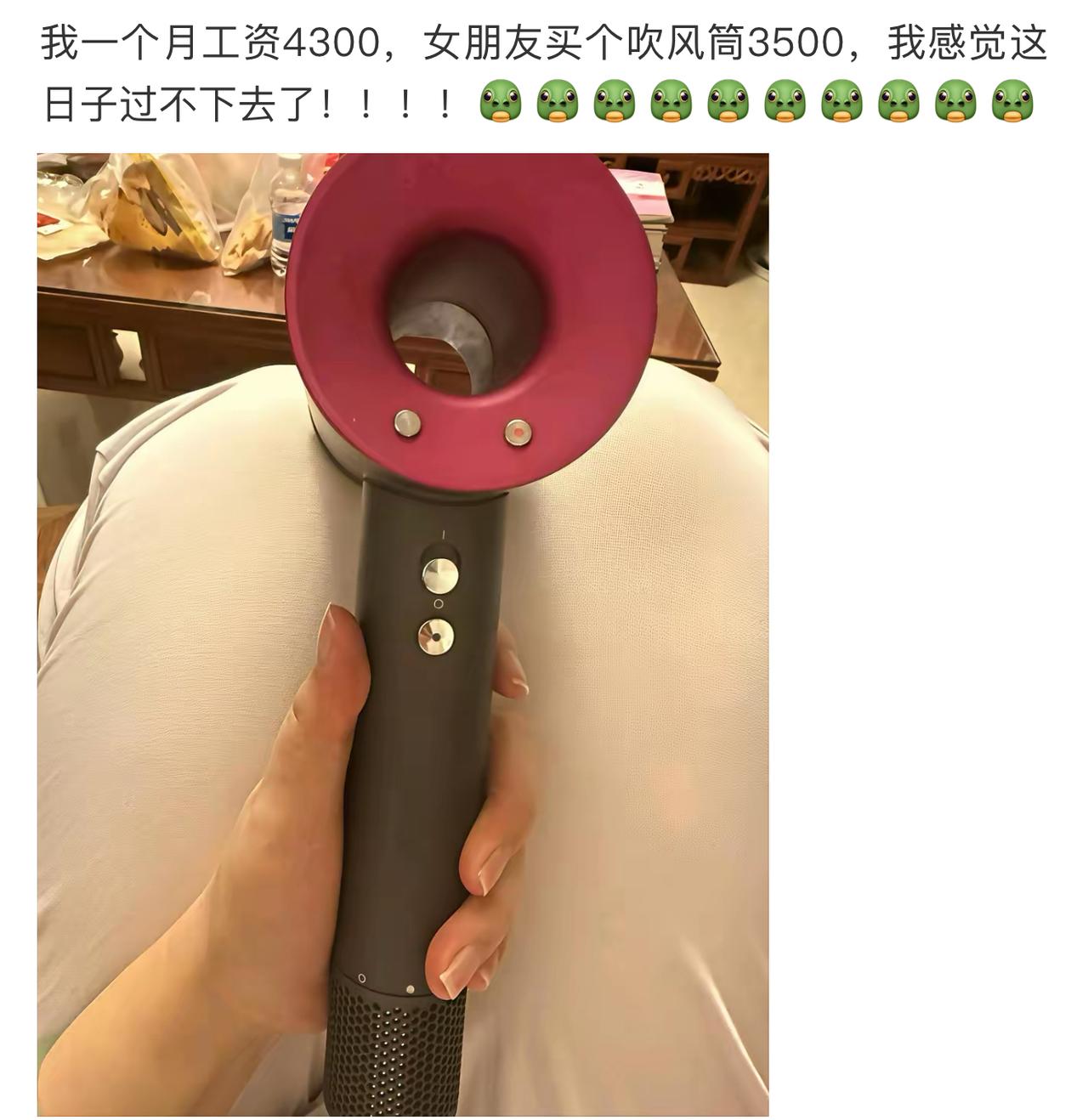 小伙月薪四千三，女友随手三千五拿下网红吹风机，直接愁到发愁蛙表情包刷屏。
一个吹