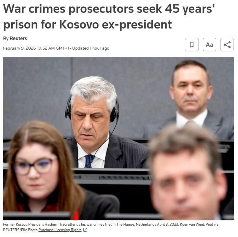 国际检察官要求海牙科索沃特别法庭的法官判定科索沃前总统哈希姆·塔奇犯有战争罪，并