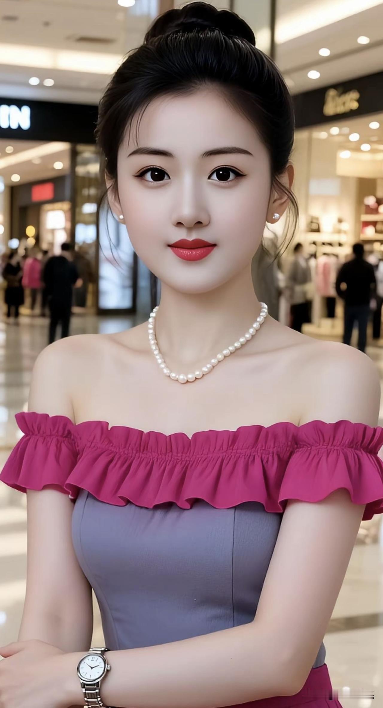 优雅珍珠项链搭配复古露肩裙，尽显时尚气质！珍珠项链戴 白色珍珠项链 珍珠项链糖果