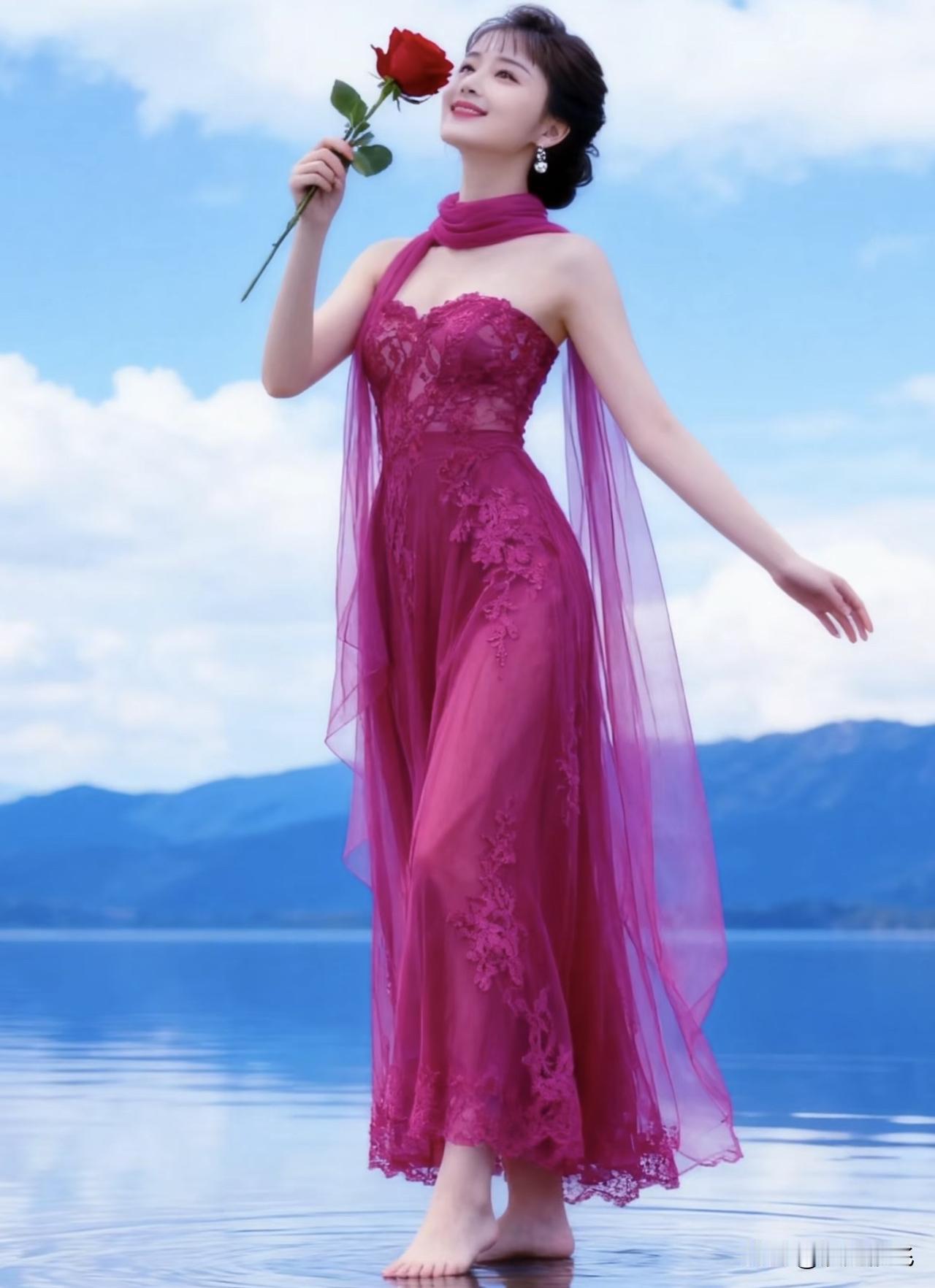 红衣美人倚湖畔，笑语嫣然映红妆。湖边美人景 湖畔绿裙照 湖畔绿裙照 红装美人照 