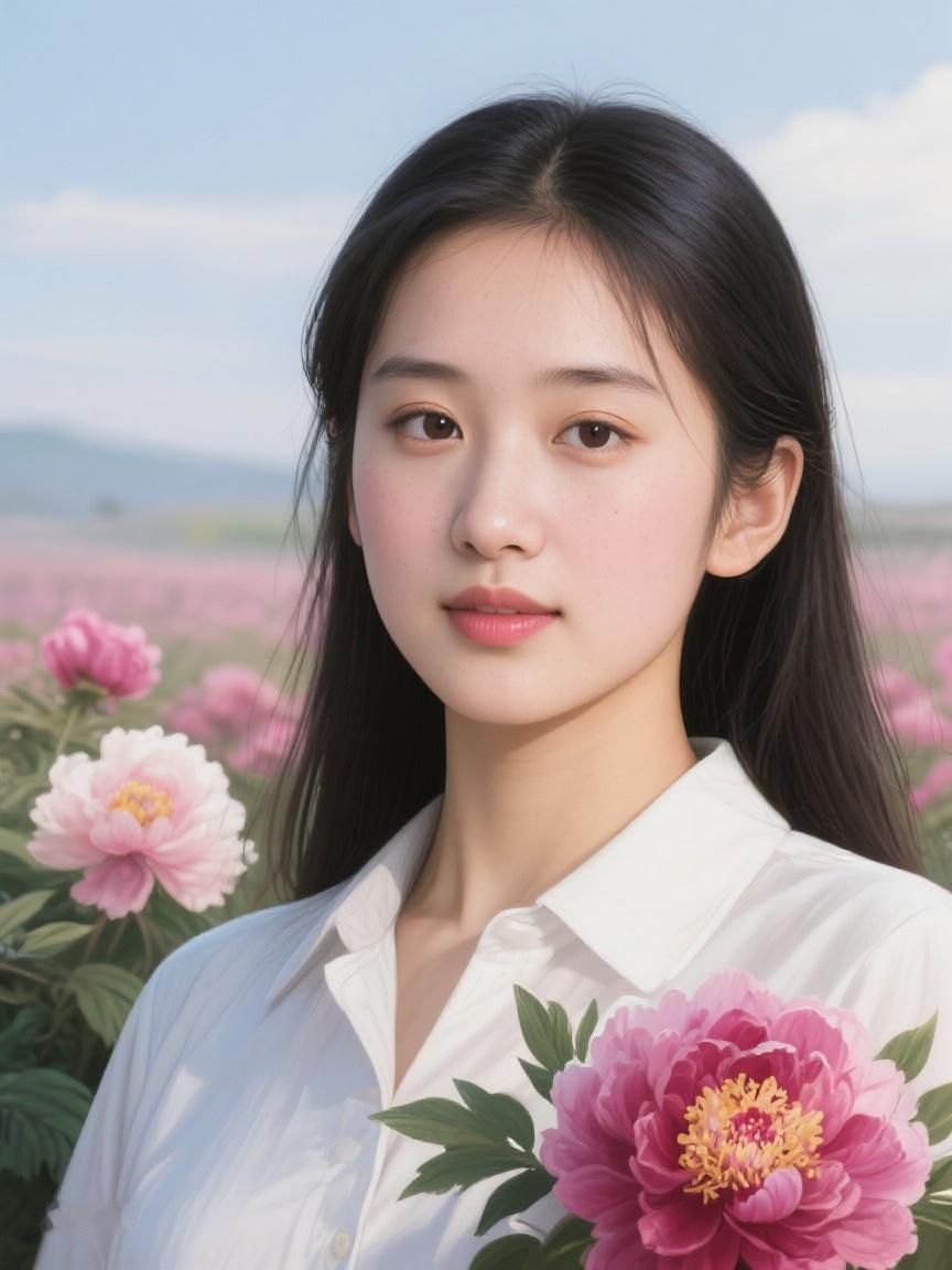 AI妙生图在粉色花海间，与一朵花对视，仿佛窥见了自然生命的温柔与永恒