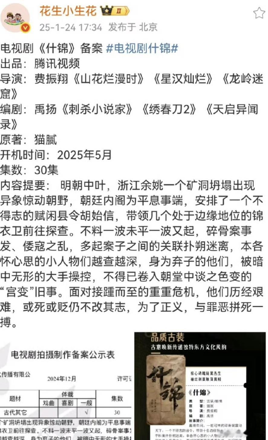 《什锦》张若昀，导演费振翔，原著猫腻。这顶级IP加顶级只导演和团队，男频果然还得