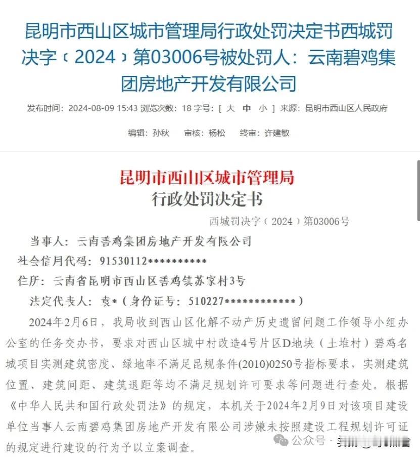  近日，昆明市对云南碧鸡集团房地产开发有限公司实施行政处罚558万罚款，因其在城