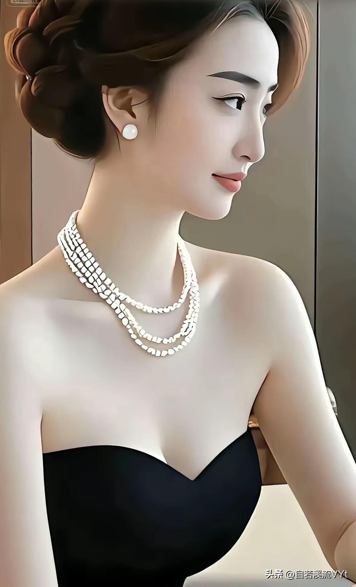 钗头凤·珠妆雅韵
 
云鬟绾，罗衫短，素珠层叠凝清婉。
莹珰润，蛾眉浅，侧眸含静