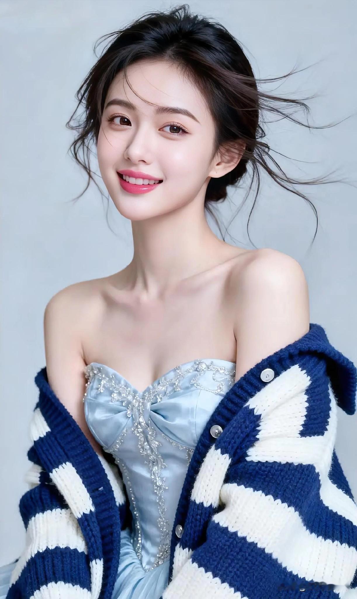 海风梳卷发，光吻肩颈线。

蓝衫裹温柔，蕾丝藏诗意。

闭目听潮生，时光慢成歌。