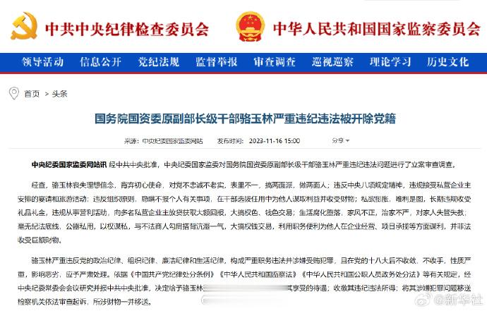 【国务院国资委原副部长级干部#骆玉林严重违纪违法被开除党籍#】经中共中央批准，中