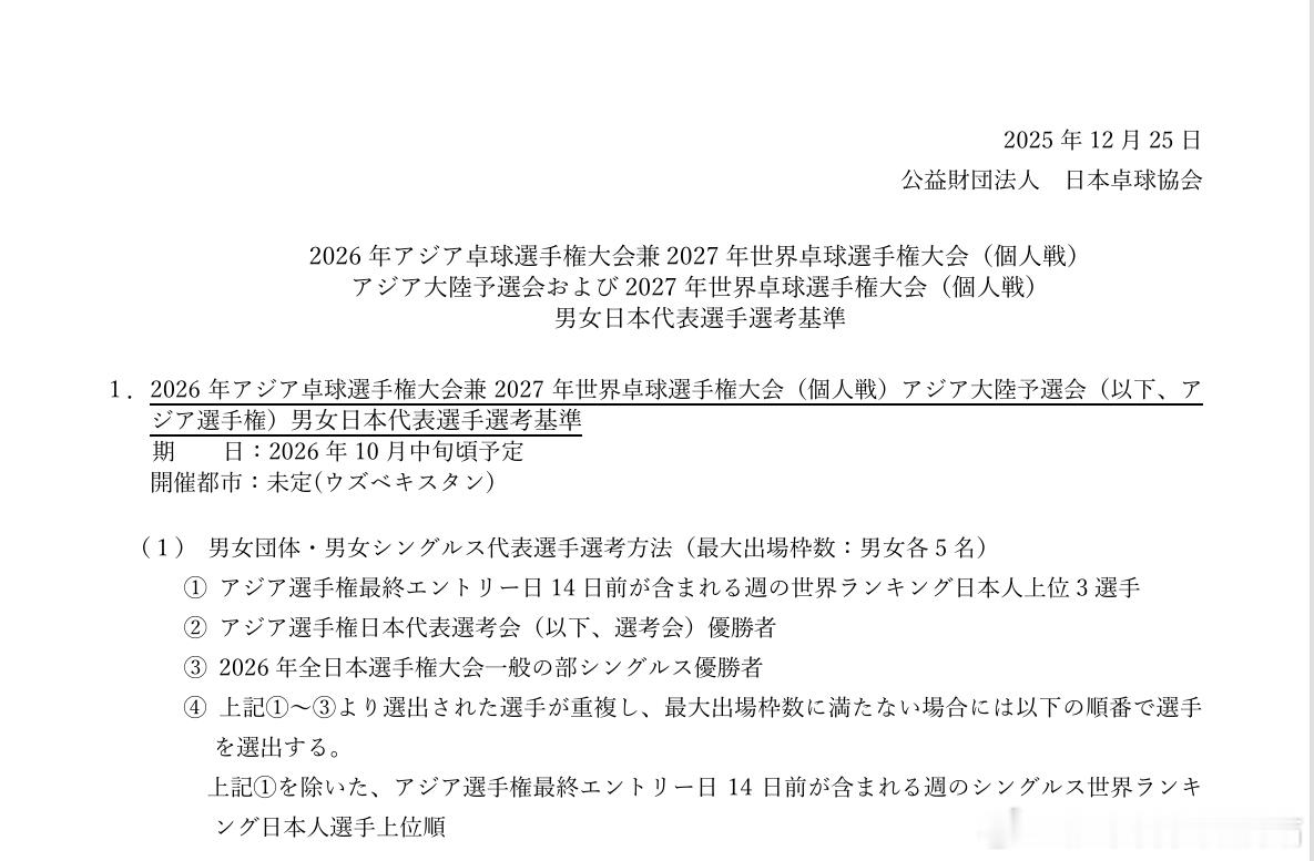 ITTF亚锦赛2026ITTF世乒赛2027张本智和 JTTA公布了2026年亚