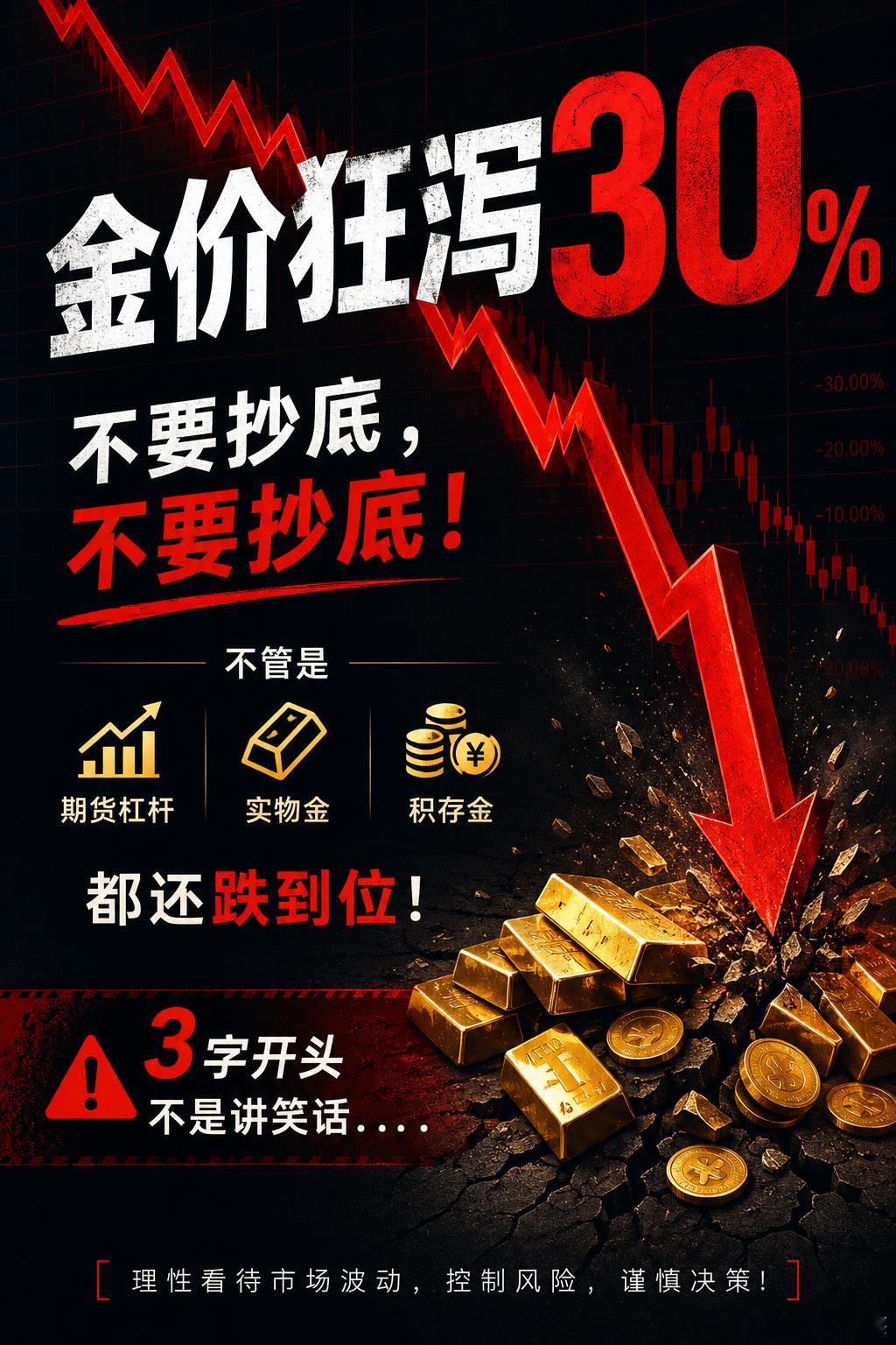 不要抄底，不要抄底！不管是期货杠杆黄金，实物金，积存金都还跌到位！3字开头不是讲