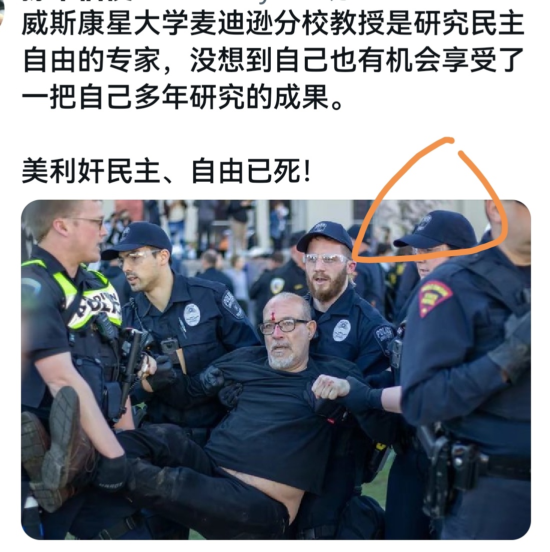 两张照片两张照片值得玩味，一张照片是一个研究民主的美国的教授这次充分享受了一次美