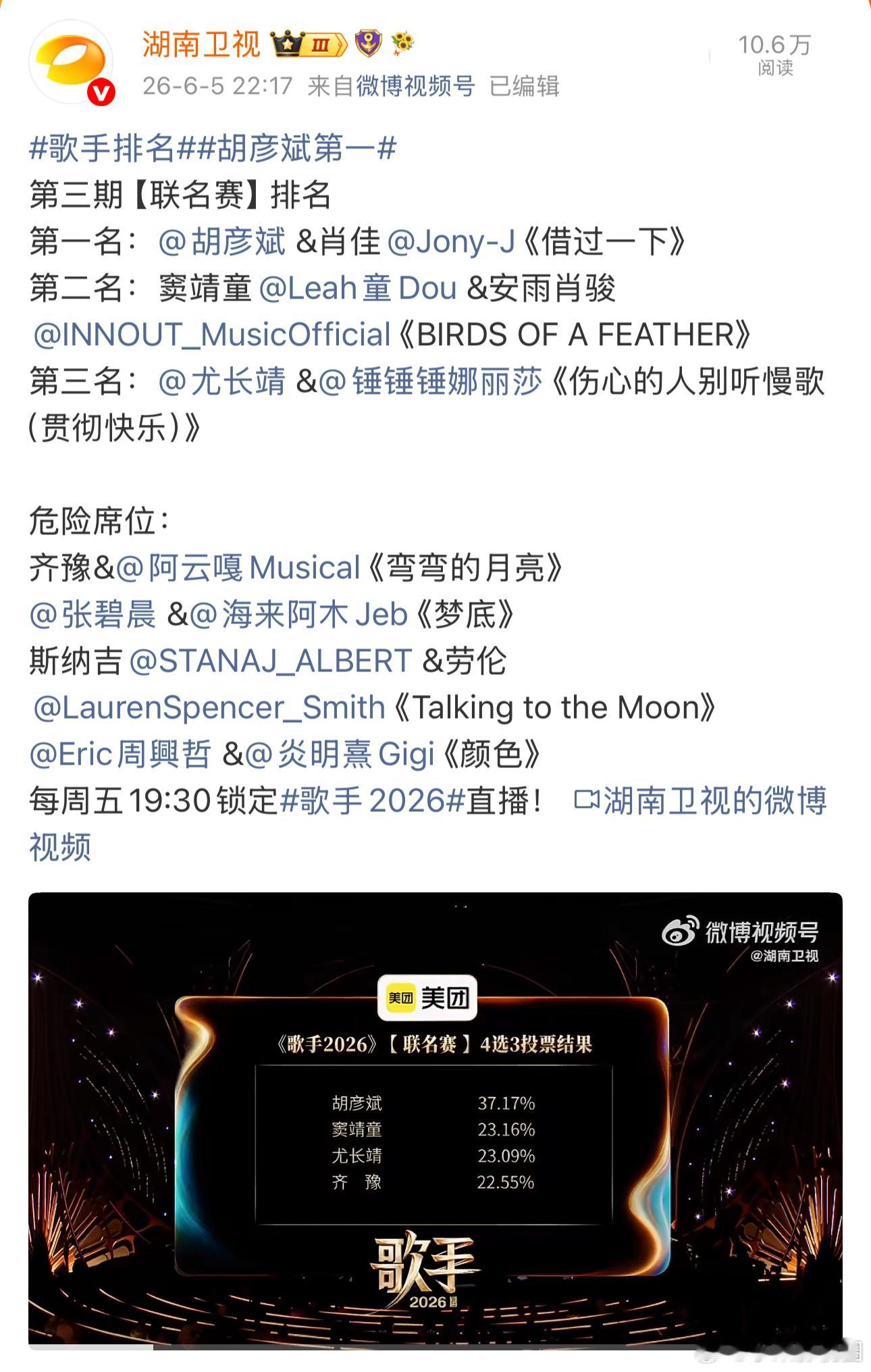 歌手排名第一名：&肖佳《借过一下》第二名：窦靖童&安雨肖骏《BIRDS OF A
