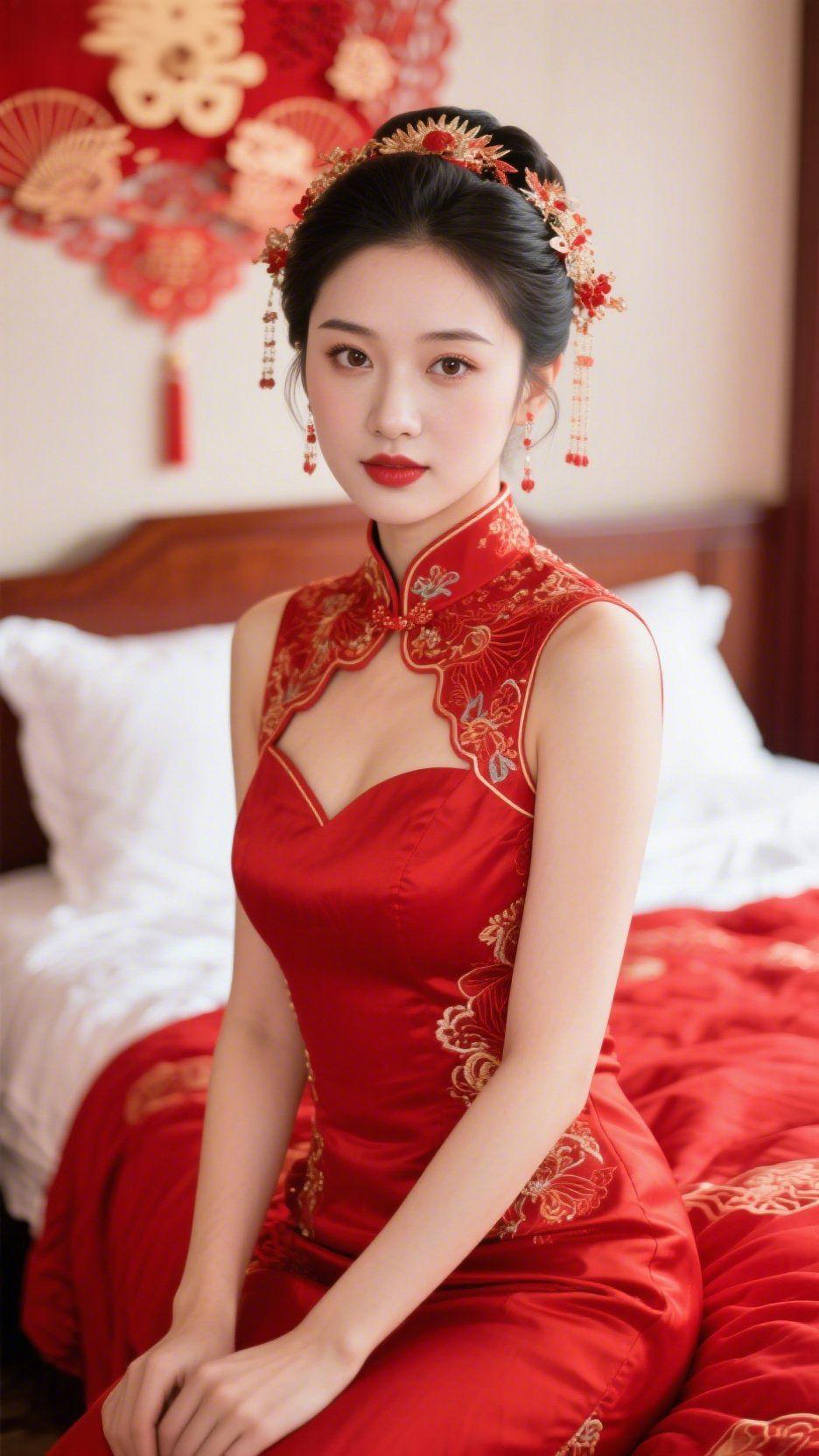 红妆凝韵许佳期
 
朱红婚服上的金线刺绣，在暖光里泛起细碎光泽，凤冠流苏轻晃，摇