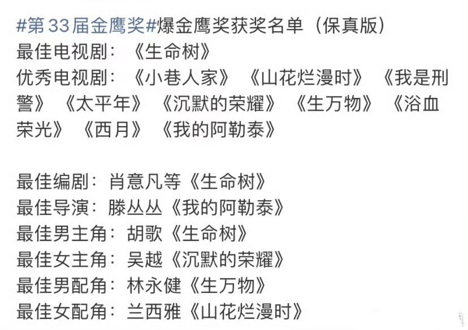 金鹰奖网传名单被澄清是对这个保真版澄清吗[疑问]网传了几个版本，就这个被澄清[笑