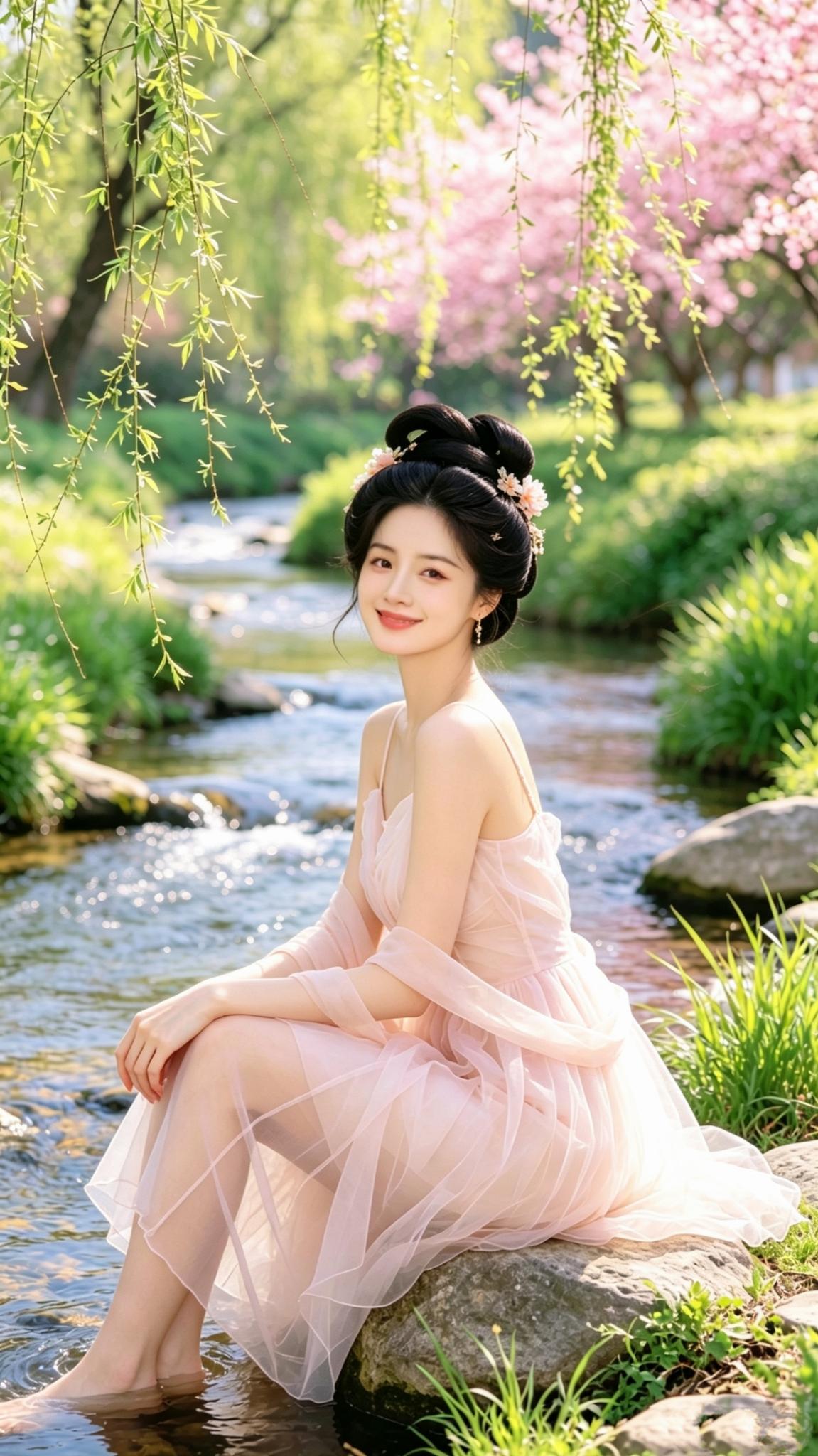 想象一下，在潺潺溪边，一位身着柔粉裙装的少女站在那里，简直美若天仙。那粉裙就像把