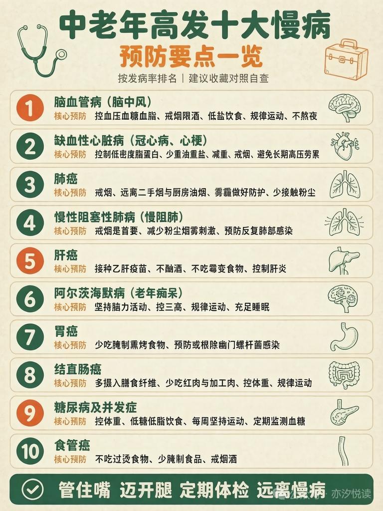 中老年十大高发慢病，预防要点全知晓！

管住嘴，迈开腿，定期体检，远离慢病侵扰！