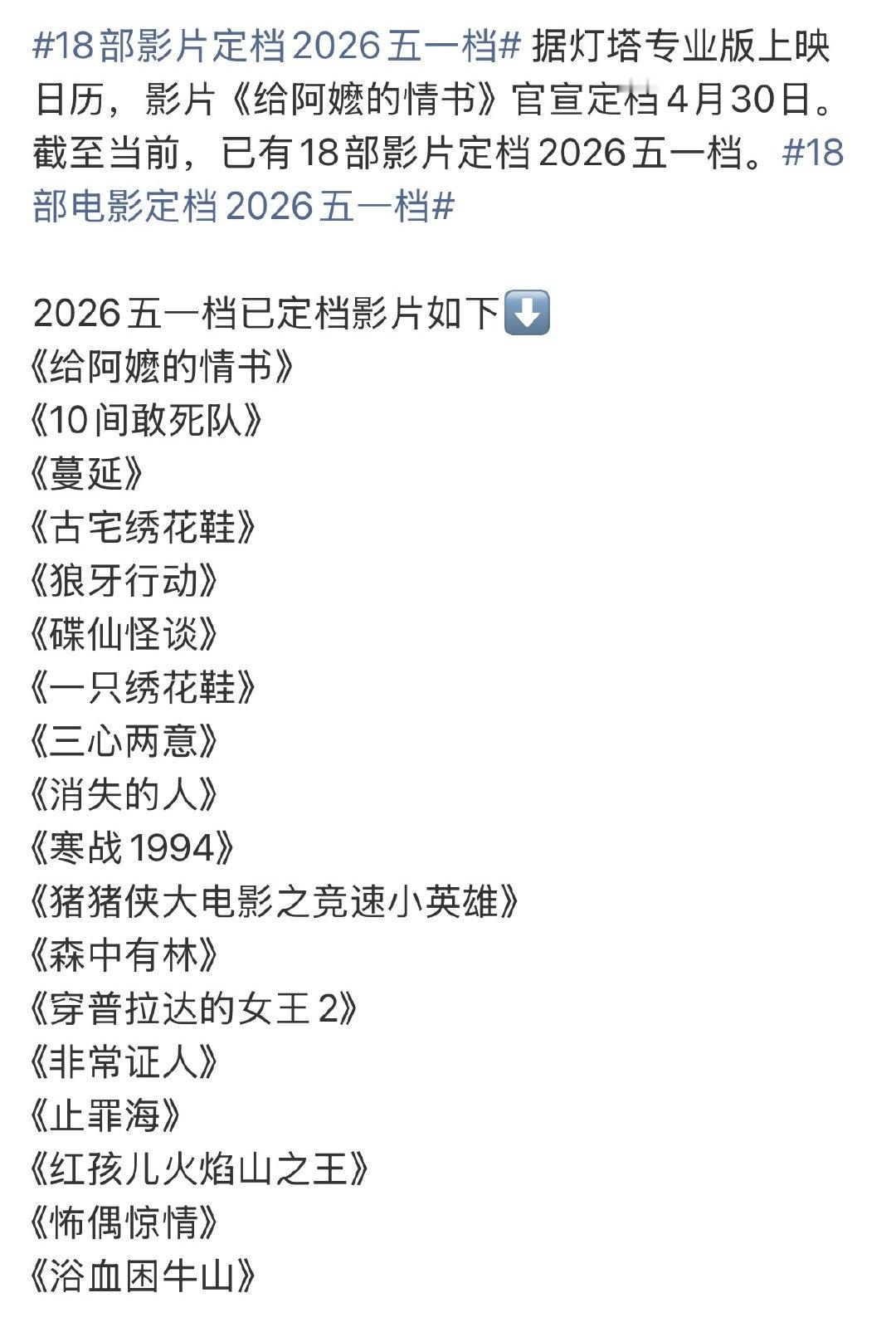 今年五一档 已定档18部电影