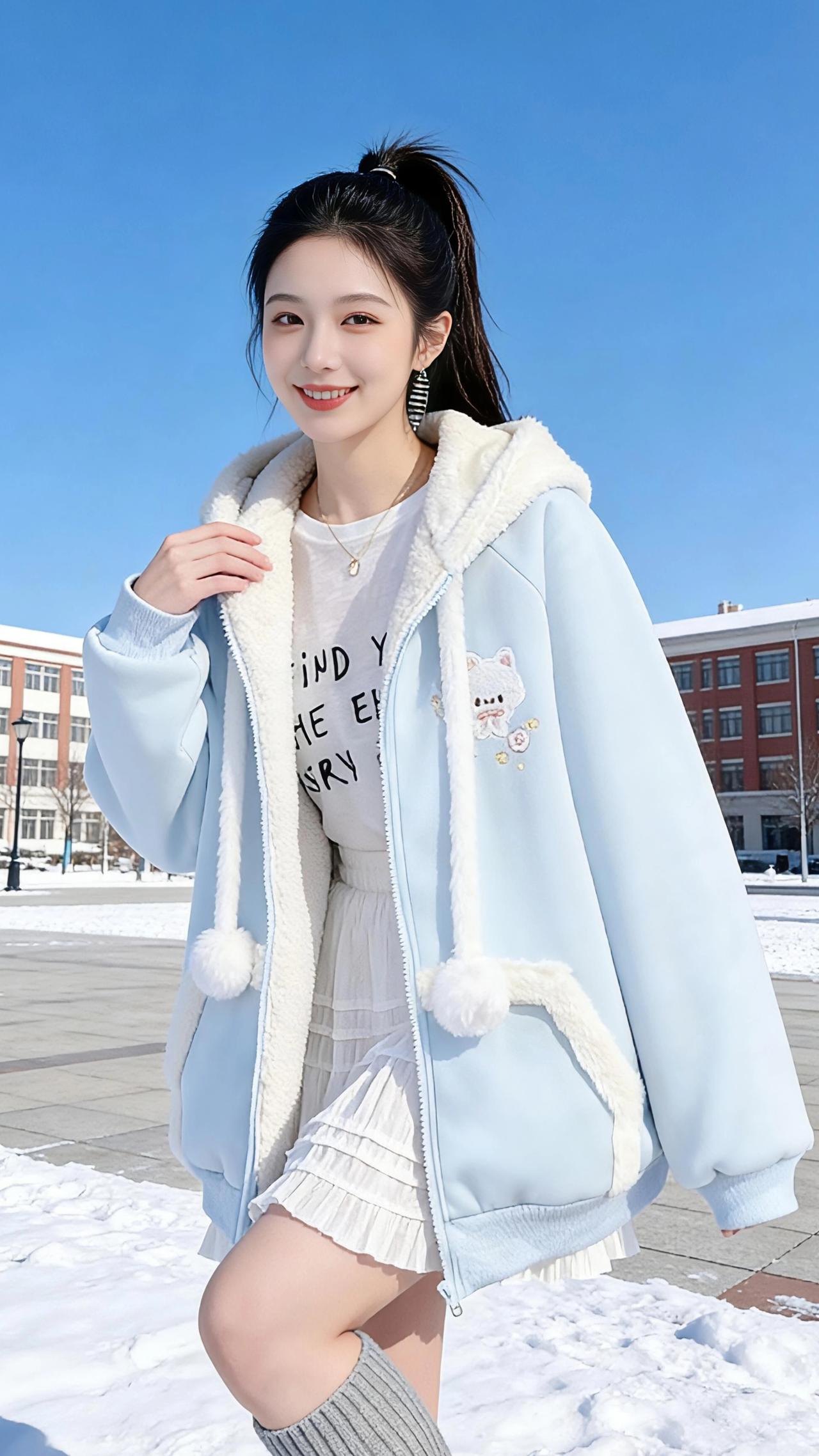 雪后的校园广场，蓝天干净得像一块刚洗过的玻璃。
 
她扎着高马尾站在雪地里，浅蓝