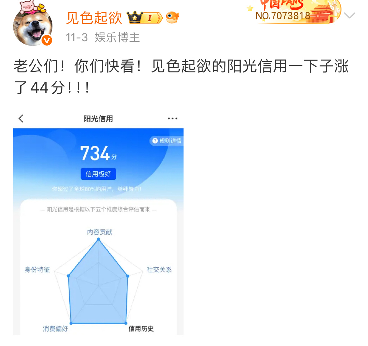 我错怪微博了！原来这个月我的阳光信用又涨了30！！！微博现在好宠爱我！我爱微博！
