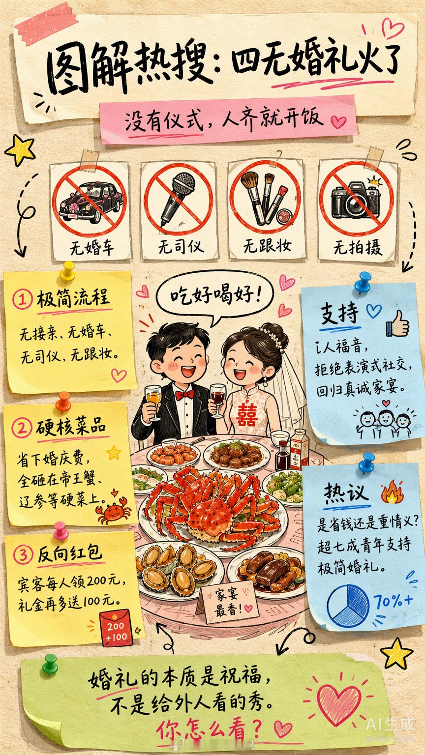 浙江宁波那对95后新人的婚礼，没有接亲、婚车，甚至连司仪和跟妆都省了。新娘父亲上