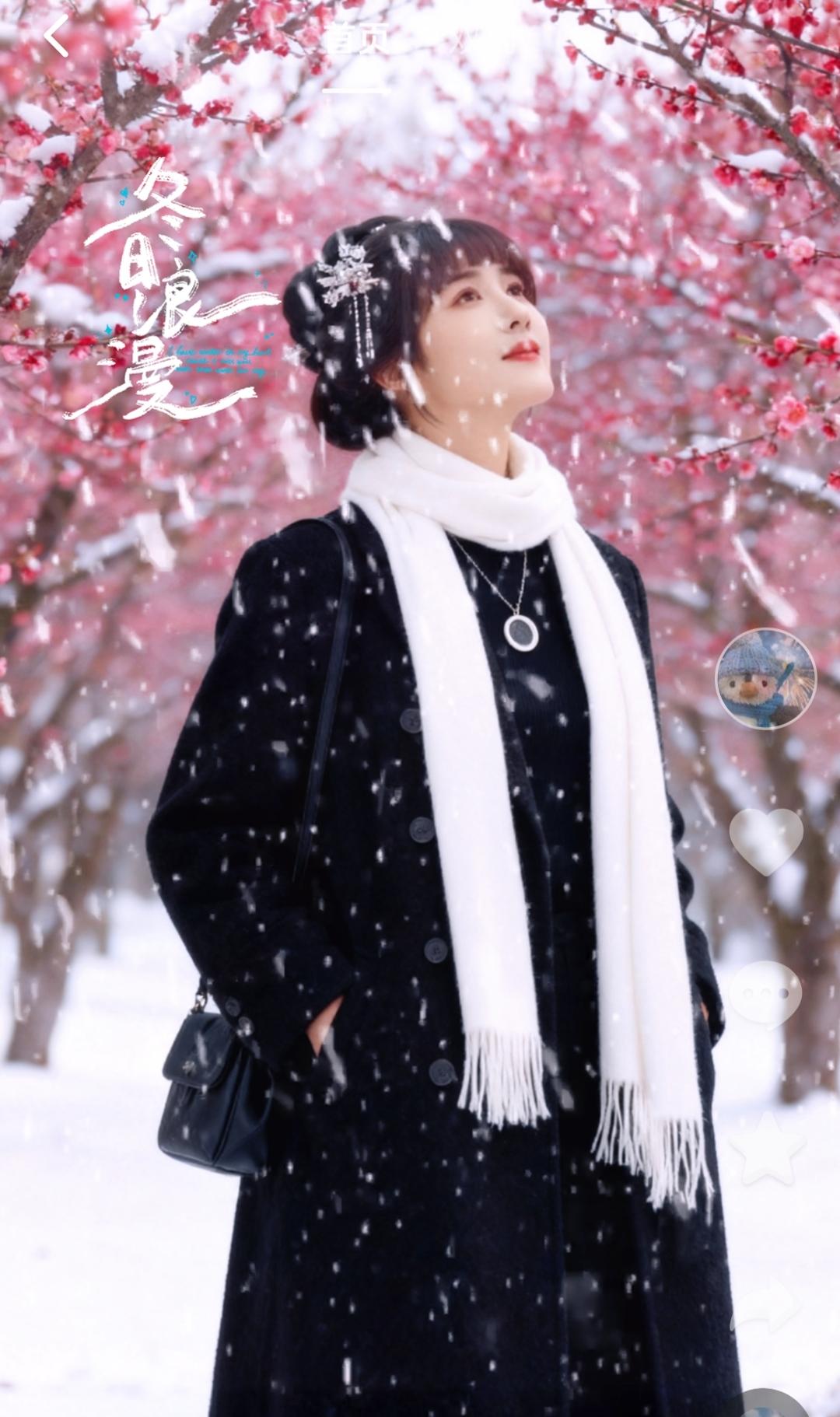 冬日雪景中的浪漫少女，
粉雪与红梅相映成趣，